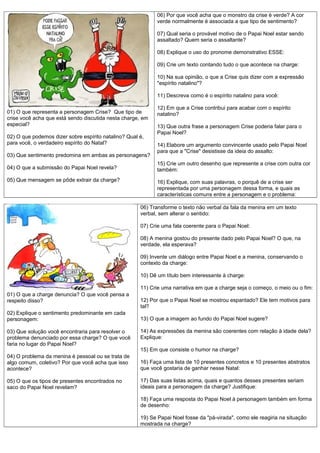 06) Por que você acha que o monstro da crise é verde? A cor
verde normalmente é associada a que tipo de sentimento?
07) Qual seria o provável motivo de o Papai Noel estar sendo
assaltado? Quem seria o assaltante?
08) Explique o uso do pronome demonstrativo ESSE:
09) Crie um texto contando tudo o que acontece na charge:
10) Na sua opinião, o que a Crise quis dizer com a expressão
"espírito natalino"?
11) Descreva como é o espírito natalino para você:
01) O que representa a personagem Crise? Que tipo de
crise você acha que está sendo discutida nesta charge, em
especial?
02) O que podemos dizer sobre espírito natalino? Qual é,
para você, o verdadeiro espírito do Natal?
03) Que sentimento predomina em ambas as personagens?
04) O que a submissão do Papai Noel revela?
05) Que mensagem se pôde extrair da charge?

12) Em que a Crise contribui para acabar com o espírito
natalino?
13) Que outra frase a personagem Crise poderia falar para o
Papai Noel?
14) Elabore um argumento convincente usado pelo Papai Noel
para que a "Crise" desistisse da ideia do assalto:
15) Crie um outro desenho que represente a crise com outra cor
também:
16) Explique, com suas palavras, o porquê de a crise ser
representada por uma personagem dessa forma, e quais as
características comuns entre a personagem e o problema:

06) Transforme o texto não verbal da fala da menina em um texto
verbal, sem alterar o sentido:
07) Crie uma fala coerente para o Papai Noel:
08) A menina gostou do presente dado pelo Papai Noel? O que, na
verdade, ela esperava?
09) Invente um diálogo entre Papai Noel e a menina, conservando o
contexto da charge:
10) Dê um título bem interessante à charge:
11) Crie uma narrativa em que a charge seja o começo, o meio ou o fim:
01) O que a charge denuncia? O que você pensa a
respeito disso?
02) Explique o sentimento predominante em cada
personagem:
03) Que solução você encontraria para resolver o
problema denunciado por essa charge? O que você
faria no lugar do Papai Noel?

12) Por que o Papai Noel se mostrou espantado? Ele tem motivos para
tal?
13) O que a imagem ao fundo do Papai Noel sugere?
14) As expressões da menina são coerentes com relação à idade dela?
Explique:
15) Em que consiste o humor na charge?

04) O problema da menina é pessoal ou se trata de
algo comum, coletivo? Por que você acha que isso
acontece?

16) Faça uma lista de 10 presentes concretos e 10 presentes abstratos
que você gostaria de ganhar nesse Natal:

05) O que os tipos de presentes encontrados no
saco do Papai Noel revelam?

17) Das suas listas acima, quais e quantos desses presentes seriam
ideais para a personagem da charge? Justifique:
18) Faça uma resposta do Papai Noel à personagem também em forma
de desenho:
19) Se Papai Noel fosse da "pá-virada", como ele reagiria na situação
mostrada na charge?

 