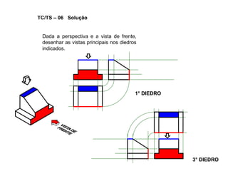 1° DIEDRO
3° DIEDRO
TC/TS – 06 Solução
Dada a perspectiva e a vista de frente,
desenhar as vistas principais nos diedros
indicados.
 