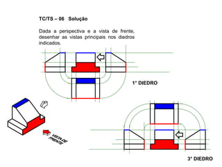 1° DIEDRO
3° DIEDRO
TC/TS – 06 Solução
Dada a perspectiva e a vista de frente,
desenhar as vistas principais nos diedros
indicados.
 