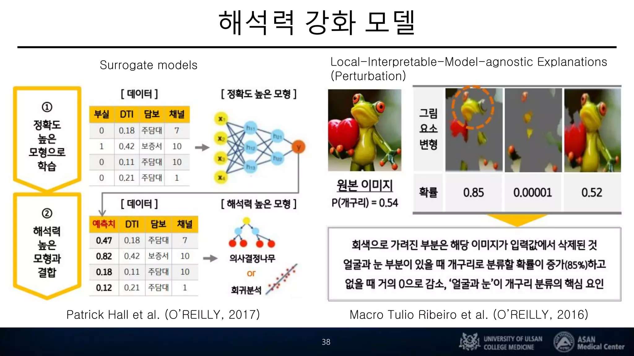 해석력 강화 모델
38
Patrick Hall et al. (O’REILLY, 2017) Macro Tulio Ribeiro et al. (O’REILLY, 2016)
Surrogate models Local-Interpretable-Model-agnostic Explanations
(Perturbation)
 