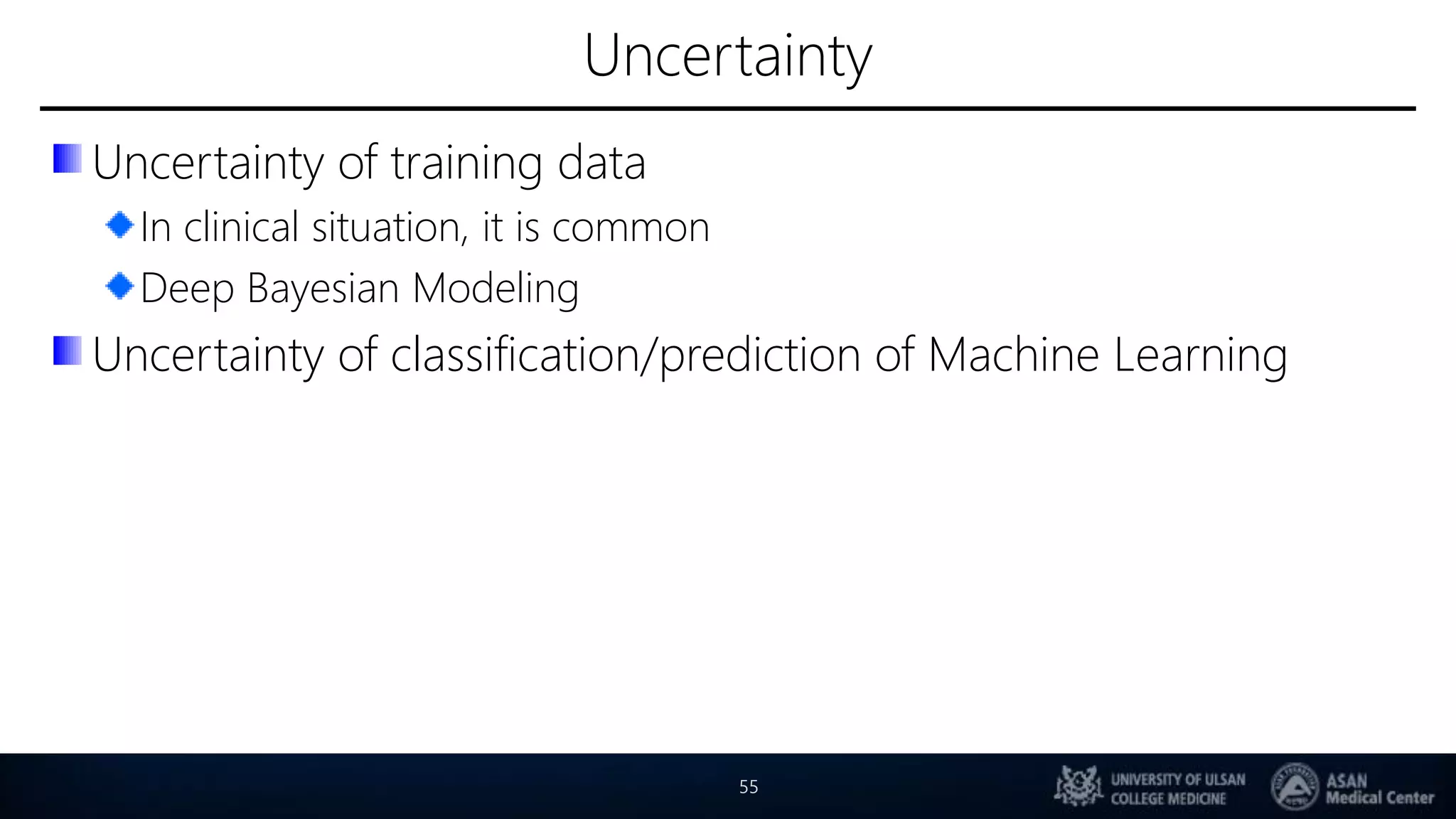 Uncertainty
Uncertainty of training data
In clinical situation, it is common
Deep Bayesian Modeling
Uncertainty of classification/prediction of Machine Learning
55
 