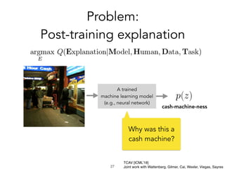 Problem:
Post-training explanation
!27
cash-machine-ness
A trained
machine learning model
(e.g., neural network)
Why was this a
cash machine?
TCAV [ICML’18]
Joint work with Wattenberg, Gilmer, Cai, Wexler, Viegas, Sayres
 