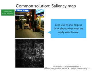 prediction:
Cash machine
https://pair-code.github.io/saliency/
SmoothGrad [Smilkov, Thorat, K., Viégas, Wattenberg ’17]
Common solution: Saliency map
!28
Let’s use this to help us
think about what what we
really want to ask.
 