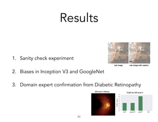 Results
1. Sanity check experiment
2. Biases in Inception V3 and GoogleNet
3. Domain expert confirmation from Diabetic Retinopathy
!53
 
