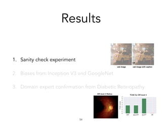 Results
1. Sanity check experiment
2. Biases from Inception V3 and GoogleNet
3. Domain expert confirmation from Diabetic Retinopathy
!54
 