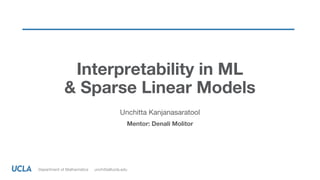 Department of Mathematics unchitta@ucla.edu
Interpretability in ML
& Sparse Linear Models
Unchitta Kanjanasaratool
Mentor: Denali Molitor
 