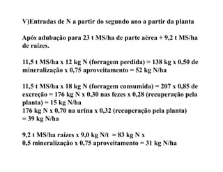V)Entradas de N a partir do segundo ano a partir da planta

Após adubação para 23 t MS/ha de parte aérea + 9,2 t MS/ha
de raízes.

11,5 t MS/ha x 12 kg N (forragem perdida) = 138 kg x 0,50 de
mineralização x 0,75 aproveitamento = 52 kg N/ha

11,5 t MS/ha x 18 kg N (forragem consumida) = 207 x 0,85 de
excreção = 176 kg N x 0,30 nas fezes x 0,28 (recuperação pela
      ç          g     ,                , (      p ç p
planta) = 15 kg N/ha
176 kg N x 0,70 na urina x 0,32 (recuperação pela planta)
= 39 kg N/ha

9,2 t MS/ha raízes x 9,0 kg N/t = 83 kg N x
0,5 mineralização x 0,75 aproveitamento = 31 kg N/ha
 