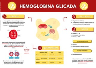 Essa proteína pode sofrer um processo de glicação
irreversível, ou seja, algumas moléculas de glicose
se ligam a hemoglobina A1 por um processo
natural, formando a hemoglobina glicada
(HbA1c).
Glicemia em Jejum TOTG HbA1c
Normal
Pré-
Diabetes
Diabetes
<99mg/dL <139 mg/dL <5,6 %
100 a 125mg/dL 140 a 199mg/dL 5,7 a 6,4%
>126mg/dL >200mg/dL >6,5%
A hemoglobina é uma proteína presente no
interior das hemácias, que promove a coloração
avermelhada a mesma e auxilia na captação e
transporte de oxigênio pelo corpo através da
corrente sanguínea.
Em pacientes com hiperglicemia, o excesso de
glicose facilita o processo de ligação com a
hemoglobina aumentando os seus índices.
A hemácia tem uma sobrevida de 120 dias
circulantes, dessa forma, através do exame, é
possível ter uma análise dos últimos 3 meses
aproximadamente.
Diagnóstico de diabetes;
Acompanhar o quadro de diabetes (análise do
tratamento e possíveis complicações).
Normal = < 5,7%;
Pré-diabetes = ≥ 5,7 a 6,4%;
Diabetes = ≥ 6,5%.
VALORES AUMENTADOS
Diabetes;
Desencadeadores de hiperglicemia.
VALORES DIMINUÍDOS
Hemoglobinopatias.
Não necessita
jejum, sendo
utilizado o
sangue total!
Licenciado
para
-
Marcia
-
45148147687
-
Protegido
por
Eduzz.com
 
