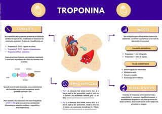As troponinas são proteínas presentes no músculo
cardíaco e esquelético, auxiliando no momento da
contração muscular. Podem ser classificadas em:
Troponina C (TnC) - ligada ao cálcio
Troponina T (TnT) - ligada à tropomiosina
Troponina I (TnI) - inibitória
Essas proteínas formam um complexo regulando
a interação dependente de cálcio da miosina com
a actina.
Quando ocorre lesão musculas, essas substâncias
são lançadas na corrente sanguínea, sendo
possível quantificá-las.
Para análise, são utilizadas com mais frequência
a TnT e o TnI, pois seus genes se apresentam
diferentes no músculo cardíaco e esquelético -
mais específicas.
TnT = a elevação dos níveis ocorre de 4 a 6
horas após a dor precordial, tendo o pico em
12 horas e se mantendo elevada por 7 a 10
dias. (ELISA qualitativo ou quantitativo)
TnI = a elevação dos níveis ocorre de 4 a 6
horas após a dor precordial, tendo o pico em
12 horas e se mantendo elevada por 3 a 7 dias.
(ELISA com fluorescência ou quimiolumine.)
O exame de troponina ultra-sensível tem a
capacidade de aumentar significativamente a
sensibilidade diagnóstica em fases precoces da
lesão cardíaca, detectando níveis muito baixos da
proteína no sangue.
São utilizadas para diagnosticar infarto do
miocárdio, síndrome coronariana e necrose do
miocárdio irreversível.
VALOR DE REFERÊNCIA
Troponina T = até 0,1 ng/mL;
Troponina I = até 0,16 ng/mL.
VALOR AUMENTADOS
Infarto agudo do miocárdio;
Fibrina no soro;
Reação cruzada;
Anticorpos heterofílicos.
Licenciado
para
-
Marcia
-
45148147687
-
Protegido
por
Eduzz.com
 