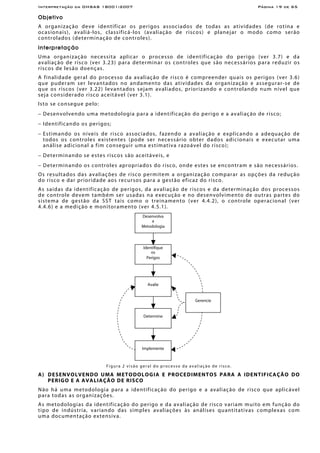 Interpretação da OHSAS 18001:2007 Página 19 de 65
Objetivo
A organização deve identificar os perigos associados de todas as atividades (de rotina e
ocasionais), avaliá-los, classificá-los (avaliação de riscos) e planejar o modo como serão
controlados (determinação de controles).
Interpretação
Uma organização necessita aplicar o processo de identificação do perigo (ver 3.7) e da
avaliação de risco (ver 3.23) para determinar os controles que são necessários para reduzir os
riscos de lesão doenças.
A finalidade geral do processo da avaliação de risco é compreender quais os perigos (ver 3.6)
que puderam ser levantados no andamento das atividades da organização e assegurar-se de
que os riscos (ver 3.22) levantados sejam avaliados, priorizando e controlando num nível que
seja considerado risco aceitável (ver 3.1).
Isto se consegue pelo:
− Desenvolvendo uma metodologia para a identificação do perigo e a avaliação de risco;
− Identificando os perigos;
− Estimando os níveis de risco associados, fazendo a avaliação e explicando a adequação de
todos os controles existentes (pode ser necessário obter dados adicionais e executar uma
análise adicional a fim conseguir uma estimativa razoável do risco);
− Determinando se estes riscos são aceitáveis, e
− Determinando os controles apropriados do risco, onde estes se encontram e são necessários.
Os resultados das avaliações de risco permitem a organização comparar as opções da redução
do risco e dar prioridade aos recursos para a gestão eficaz do risco.
As saídas da identificação de perigos, da avaliação de riscos e da determinação dos processos
de controle devem também ser usadas na execução e no desenvolvimento de outras partes do
sistema de gestão da SST tais como o treinamento (ver 4.4.2), o controle operacional (ver
4.4.6) e a medição e monitoramento (ver 4.5.1).
Figura 2 visão geral do processo da avaliação de risco.
A) DESENVOLVENDO UMA METODOLOGIA E PROCEDIMENTOS PARA A IDENTIFICAÇÃO DO
PERIGO E A AVALIAÇÃO DE RISCO
Não há uma metodologia para a identificação do perigo e a avaliação de risco que aplicável
para todas as organizações.
As metodologias da identificação do perigo e da avaliação de risco variam muito em função do
tipo de indústria, variando das simples avaliações às análises quantitativas complexas com
uma documentação extensiva.
Desenvolva
a
Metodologia
Identifique
os
Perigos
Avalie
Determine
Implemente
Gerencie
 