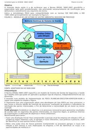 Interpretação da OHSAS 18001:2007 Página 6 de 65
Objetivo
A intenção desta seção é a de esclarecer que a Norma OHSAS 18001:2007 possibilita a
organização opte pela autodeclaração, não precisando necessariamente da certificação para
demonstrar o atendimento aos requisitos da norma.
Indica a metodologia PDCA para compatibilidade com as normas ISO 9001:2000, a ISO
14001:2004 (principalmente) ver exemplo na figura 5.
FIGURA 5 – MODELO DE UM SISTEMA DE GESTÃO AMBIENTAL BASEADO EM PROCESSO
Entrada Saída
Política
e
Planejamento
PPP
DDD ccc
AAA
Implementação
e
Operação
Análise Critica
pela DIreção
Verificação
e
Ação Corretiva
INTERAÇÃO
P a r t e s I n t e r e s s a d a s
(Diretoria, Clientes, Comunidade Local, Empregados, Fornecedores de Bens e Serviços, Sociedade e Governo)
Identificação
dos Requisitos
Requisitos
Atendidos
Melhoria Contínua do Sistema de Gestão
Legenda: Adição de valor Fluxo de informação
FONTE: ADAPTADO DA ISO 9000:2000
Interpretação
A Norma OHSAS 18001:2007 especifica um modelo de Sistema de Gestão da Segurança e Saúde
no Trabalho (SST) que pode ser aplicado a qualquer tipo de empresa, independentemente da sua
dimensão.
É baseado num modelo de implementação do PDCA (PLANEJAR-EXECUTAR-VERIFICAR-AGIR) e
segue uma seqüência simples e lógica.
É importante que uma organização adote uma abordagem do tipo PDCA aos seus processos, e
que inclua o retorno obtido do controle de processos, avaliações de produto e indicadores da
satisfação das partes interessadas, a fim de determinar a necessidade de um maior ou menor
controle.
PLAN (planejar): Estabelecer os objetivos e os processos necessários para apresentar resultados
de acordo com: os requisitos das partes interessadas, os requisitos legais, as políticas internas
da organização e a definição de objetivos e metas ambientais.
Necessitando para tanto:
− Fazer uma Avaliação Inicial: Para compreender a posição atual da empresa em relação a SST, as
exigências legais impostas a ela, os perigos e riscos relevantes, suas práticas e posturas, além
de identificar os seus pontos fortes e fracos;
− Obter uma visão clara do futuro próximo: Compreender os prováveis perigos e riscos (em
relação a SST) futuros e suas implicações na empresa, a fim de identificar os riscos e as
oportunidades de melhoria; e
 