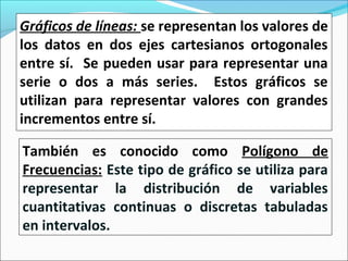 Gráficos de líneas: se representan los valores de
los datos en dos ejes cartesianos ortogonales
entre sí. Se pueden usar para representar una
serie o dos a más series. Estos gráficos se
utilizan para representar valores con grandes
incrementos entre sí.
También es conocido como Polígono de
Frecuencias: Este tipo de gráfico se utiliza para
representar la distribución de variables
cuantitativas continuas o discretas tabuladas
en intervalos.
 