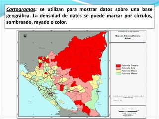 Cartogramas: se utilizan para mostrar datos sobre una base
geográfica. La densidad de datos se puede marcar por círculos,
sombreado, rayado o color.
 