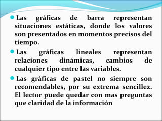 Las gráficas de barra representan
situaciones estáticas, donde los valores
son presentados en momentos precisos del
tiempo.
Las gráficas lineales representan
relaciones dinámicas, cambios de
cualquier tipo entre las variables.
Las gráficas de pastel no siempre son
recomendables, por su extrema sencillez.
El lector puede quedar con mas preguntas
que claridad de la información
 