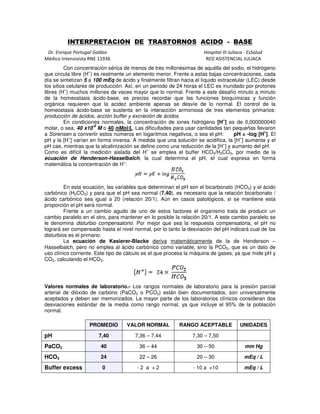 INTERPRETACION DE TRASTORNOS ACIDO - BASE 
Dr. Enrique Portugal Galdos Hospital III Juliaca - EsSalud 
Médico Intensivista RNE 11936 RED ASISTENCIAL JULIACA 
Con concentración sérica de menos de tres millonésimas de aquélla del sodio, el hidrógeno 
que circula libre (H+) es realmente un elemento menor. Frente a estas bajas concentraciones, cada 
día se sintetizan 5 a 100 mEq de ácido y finalmente filtran hacia el líquido extracelular (LEC) desde 
los sitios celulares de producción. Así, en un periodo de 24 horas el LEC es inundado por protones 
libres (H+) muchos millones de veces mayor que lo normal. Frente a este desafío minuto a minuto 
de la homeostasis ácido-base, es preciso recordar que las funciones bioquímicas y función 
orgánica requieren que la acidez ambiente apenas se desvíe de lo normal. El control de la 
homeostasis ácido-base se sustenta en la interacción armoniosa de tres elementos primarios: 
producción de ácidos, acción buffer y excreción de ácidos. 
En condiciones normales, la concentración de iones hidrógeno [H+] es de 0,000000040 
molar, o sea, 40 x10-9 M o 40 nMol/L. Las dificultades para usar cantidades tan pequeñas llevaron 
a Sorensen a convertir estos números en logaritmos negativos, o sea el pH: pH = -log [H+]. El 
pH y la [H+] varían en forma inversa. A medida que una solución se acidifica, la [H+] aumenta y el 
pH cae, mientras que la alcalinización se define como una reducción de la [H+] y aumento del pH. 
Como es difícil la medición aislada del H+ se emplea el buffer HCO3/H2CO3, por medio de la 
ecuación de Henderson-Hasselbalch, la cual determina el pH, el cual expresa en forma 
matemática la concentración de H+: 
En esta ecuación, las variables que determinan el pH son el bicarbonato (HCO3) y el ácido 
carbónico (H2CO3) y para que el pH sea normal (7,40), es necesario que la relación bicarbonato / 
ácido carbónico sea igual a 20 (relación 20/1). Aún en casos patológicos, si se mantiene esta 
proporción el pH será normal. 
Frente a un cambio agudo de uno de estos factores el organismo trata de producir un 
cambio paralelo en el otro, para mantener en lo posible la relación 20/1. A este cambio paralelo se 
le denomina disturbio compensatorio. Por mejor que sea la respuesta compensatoria, el pH no 
logrará ser compensado hasta el nivel normal, por lo tanto la desviación del pH indicará cual de los 
disturbios es el primario. 
La ecuación de Kasierer-Blacke deriva matemáticamente de la de Henderson – 
Hasselbalch, pero no emplea al ácido carbónico como variable, sino la PCO2, que es un dato de 
uso clínico corriente. Este tipo de cálculo es el que procesa la máquina de gases, ya que mide pH y 
CO2, calculando el HCO3. 
Valores normales de laboratorio.- Los rangos normales de laboratorio para la presión parcial 
arterial de dióxido de carbono (PaCO2 o PCO2) están bien documentados, son universalmente 
aceptados y deben ser memorizados. La mayor parte de los laboratorios clínicos consideran dos 
desviaciones estándar de la media como rango normal, ya que incluye el 95% de la población 
normal. 
PROMEDIO VALOR NORMAL RANGO ACEPTABLE UNIDADES 
pH 7,40 7,36 – 7,44 7,30 – 7,50 
PaCO2 40 36 – 44 30 – 50 mm Hg 
HCO3 24 22 – 26 20 – 30 mEq / L 
Buffer excess 0 - 2 a + 2 - 10 a +10 mEq / L 
 