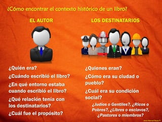 Jesús Manuel Reyes P.
¿Cómo encontrar el contexto histórico de un libro?
EL AUTOR
¿Quién era?
¿Cuándo escribió el libro?
¿En qué entorno estaba
cuando escribió el libro?
¿Qué relación tenía con
los destinatarios?
¿Cuál fue el propósito?
LOS DESTINATARIOS
¿Quienes eran?
¿Cómo era su ciudad o
pueblo?
¿Cuál era su condición
social?
¿Judíos o Gentiles?, ¿Ricos o
Pobres?, ¿Libres o esclavos?,
¿Pastores o miembros?
 
