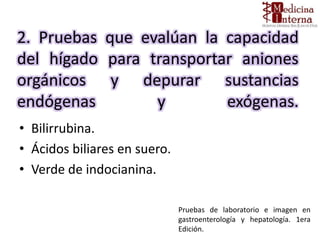 2. Pruebas que evalúan la capacidad
del hígado para transportar aniones
orgánicos y depurar sustancias
endógenas y exógenas.
• Bilirrubina.
• Ácidos biliares en suero.
• Verde de indocianina.
Pruebas de laboratorio e imagen en
gastroenterología y hepatología. 1era
Edición.
 