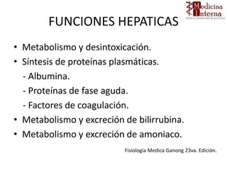FUNCIONES HEPATICAS
• Metabolismo y desintoxicación.
• Síntesis de proteínas plasmáticas.
- Albumina.
- Proteínas de fase aguda.
- Factores de coagulación.
• Metabolismo y excreción de bilirrubina.
• Metabolismo y excreción de amoniaco.
Fisiología Medica Ganong 23va. Edición.
 