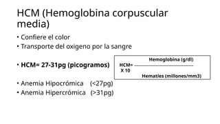 HCM (Hemoglobina corpuscular
media)
• Confiere el color
• Transporte del oxigeno por la sangre
• HCM= 27-31pg (picogramos)
• Anemia Hipocrómica (<27pg)
• Anemia Hipercrómica (>31pg)
Hemoglobina (g/dl)
HCM=
X 10
Hematíes (millones/mm3)
 