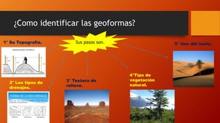 ¿Como identificar las geoformas?
Sus pasos son.1° Su Topografía.
2° Los tipos de
drenajes.
3° Textura de
relieve.
4°Tipo de
vegetación
natural.
5° Uso del suelo.