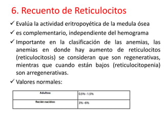 6. Recuento de Reticulocitos 
 Evalúa la actividad eritropoyética de la medula ósea 
 es complementario, independiente del hemograma 
 Importante en la clasificación de las anemias, las 
anemias en donde hay aumento de reticulocitos 
(reticulocitosis) se consideran que son regenerativas, 
mientras que cuando están bajos (reticulocitopenia) 
son arregenerativas. 
 Valores normales: 
 