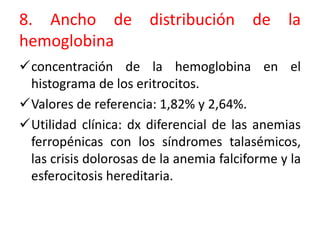 8. Ancho de distribución de la 
hemoglobina 
concentración de la hemoglobina en el 
histograma de los eritrocitos. 
Valores de referencia: 1,82% y 2,64%. 
Utilidad clínica: dx diferencial de las anemias 
ferropénicas con los síndromes talasémicos, 
las crisis dolorosas de la anemia falciforme y la 
esferocitosis hereditaria. 
 