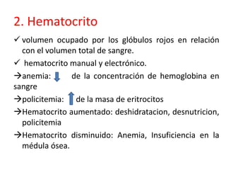 2. Hematocrito 
 volumen ocupado por los glóbulos rojos en relación 
con el volumen total de sangre. 
 hematocrito manual y electrónico. 
anemia: de la concentración de hemoglobina en 
sangre 
policitemia: de la masa de eritrocitos 
Hematocrito aumentado: deshidratacion, desnutricion, 
policitemia 
Hematocrito disminuido: Anemia, Insuficiencia en la 
médula ósea. 
 