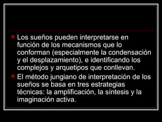 Los sueños pueden interpretarse en función de los mecanismos que lo conforman (especialmente la condensación y el desplazamiento), e identificando los complejos y arquetipos que conllevan.  El método jungiano de interpretación de los sueños se basa en tres estrategias técnicas: la amplificación, la síntesis y la imaginación activa. 