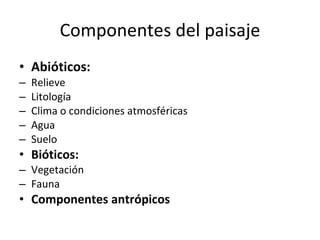 Componentes del paisaje Abióticos: Relieve Litología Clima o condiciones atmosféricas Agua Suelo Bióticos: Vegetación Fauna Componentes antrópicos 