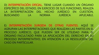 D) INTERPRETACIÓN OFICIAL. TIENE LUGAR CUANDO UN ÓRGANO
ESPECÍFICO DEL ESTADO, EN EJERCICIO DE SUS FUNCIONES, REALIZA
LA INTERPRETACIÓN DEL HECHO JURÍDICO EN CUESTIÓN,
BUSCANDO LA NORMA JURÍDICA APLICABLE.
E) INTERPRETACIÓN SURGIDA DE OTRAS FUENTES. AQUÍ SE
AGRUPAN LAS INTERPRETACIONES QUE REALIZAN LAS PARTES EN EL
PROCESO JURÍDICO, QUE PUEDEN SER DE UTILIDAD PARA EL
ÓRGANO FACULTADO PARA LA APLICACIÓN DEL DERECHO EN SU
PROCESO INTERPRETATIVO, EN ATENCIÓN A LA RESOLUCIÓN DEL
CASO EN PARTICULAR.
 