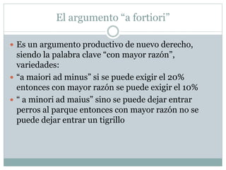 El argumento “a fortiori”
 Es un argumento productivo de nuevo derecho,
siendo la palabra clave “con mayor razón”,
variedades:
 “a maiori ad minus” si se puede exigir el 20%
entonces con mayor razón se puede exigir el 10%
 “ a minori ad maius” sino se puede dejar entrar
perros al parque entonces con mayor razón no se
puede dejar entrar un tigrillo
 