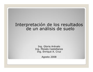 Interpretación de los resultados
     de un análisis de suelo



            Ing. Gloria Arévalo
         Ing. Moisés Castellanos
           Ing. Enrique A. Cruz

              Agosto 2008
 
