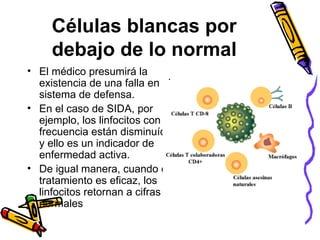 Células blancas por
debajo de lo normal
• El médico presumirá la
existencia de una falla en el
sistema de defensa.
• En el caso de SIDA, por
ejemplo, los linfocitos con
frecuencia están disminuídos
y ello es un indicador de
enfermedad activa.
• De igual manera, cuando el
tratamiento es eficaz, los
linfocitos retornan a cifras
normales
 