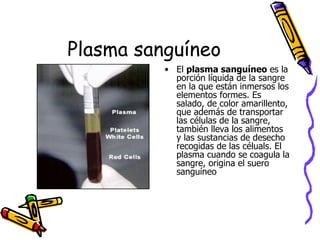 Plasma sanguíneo
• El plasma sanguíneo es la
porción líquida de la sangre
en la que están inmersos los
elementos formes. Es
salado, de color amarillento,
que además de transportar
las células de la sangre,
también lleva los alimentos
y las sustancias de desecho
recogidas de las céluals. El
plasma cuando se coagula la
sangre, origina el suero
sanguíneo
 