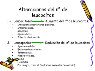 Alteraciones del nº de
leucocitos
1.- Leucocitosis Aumento del nº de leucocitos.
– Infecciones bacterianas piógenas.
– Inflamaciones.
– Cánceres.
– Quemaduras.
– Infarto al miocardio.
2.- Leucopenias Reducción del nº de leucocitos.
 Aplasia medular.
 Enfermedades virales.
 Tuberculosis.
 Fiebre tifoidea.
 SIDA
 Hepatitis.
 Por drogas, como el fenilbutazona (antiinflamatorio).
 