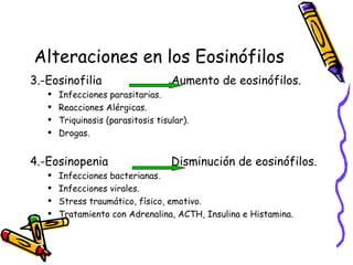 Alteraciones en los Eosinófilos
3.-Eosinofilia Aumento de eosinófilos.
 Infecciones parasitarias.
 Reacciones Alérgicas.
 Triquinosis (parasitosis tisular).
 Drogas.
4.-Eosinopenia Disminución de eosinófilos.
 Infecciones bacterianas.
 Infecciones virales.
 Stress traumático, físico, emotivo.
 Tratamiento con Adrenalina, ACTH, Insulina e Histamina.
 