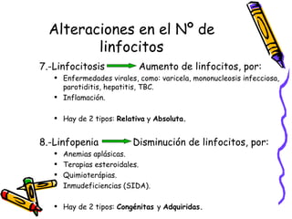 Alteraciones en el Nº de
linfocitos
7.-Linfocitosis Aumento de linfocitos, por:
 Enfermedades virales, como: varicela, mononucleosis infecciosa,
parotiditis, hepatitis, TBC.
 Inflamación.
 Hay de 2 tipos: Relativa y Absoluta.
8.-Linfopenia Disminución de linfocitos, por:
 Anemias aplásicas.
 Terapias esteroidales.
 Quimioterápias.
 Inmudeficiencias (SIDA).
 Hay de 2 tipos: Congénitas y Adquiridas.
 