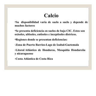 Calcio 
•Su disponibilidad varía de suelo a suelo y depende de 
muchos factores 
•Se presenta deficiencia en suelos de baja CIC. Estos son 
oxisoles, ultisoles, entisoles e inceptisoles districos. 
•Regiones donde se presentan deficiencias: 
-Zona de Puerto Barrios-Lago de Izabal-Guetemala 
-Litoral Atlántico de Honduras, Mosquitia Hondureña 
y nicaraguense 
-Costa Atlántica de Costa Rica 
 