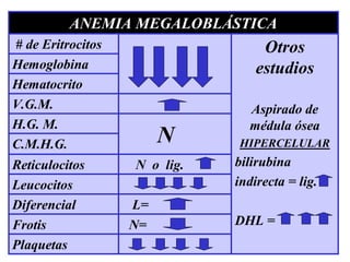 N
H.G. M.
Plaquetas
N=Frotis
L=Diferencial
Leucocitos
N o lig.Reticulocitos
C.M.H.G.
V.G.M.
Hematocrito
Hemoglobina
Otros
estudios
Aspirado de
médula ósea
HIPERCELULAR
bilirubina
indirecta = lig.
DHL =
# de Eritrocitos
ANEMIA MEGALOBLÁSTICA
 