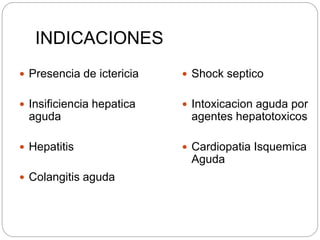 INDICACIONES
 Presencia de ictericia
 Insificiencia hepatica
aguda
 Hepatitis
 Colangitis aguda
 Shock septico
 Intoxicacion aguda por
agentes hepatotoxicos
 Cardiopatia Isquemica
Aguda
 