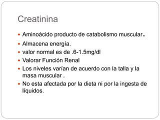 Creatinina
 Aminoácido producto de catabolismo muscular.
 Almacena energía.
 valor normal es de .6-1.5mg/dl
 Valorar Función Renal
 Los niveles varían de acuerdo con la talla y la
masa muscular .
 No esta afectada por la dieta ni por la ingesta de
líquidos.
 