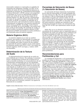 intercambio catiónico es expresadas en unidades de Porcentaje de Saturación de Bases
centimoles por kilogramo (cmol/kg). La CEC en los
análisis de suelos de la Universidad de Arkansas es (% Saturación de Bases)
reportada en términos de “Capacidad de Intercambio
Catiónico Estimado” o ECEC, porque esta propiedad
es calculada (en vez de ser determinada analítica­
mente) por medio de la suma de las cargas de los
cationes básicos (Ca, Mg, Na and K) y estimaciones
de cargas de los cationes ácidicos derivadas del pH
del suelo. La ECEC es también un indicador de la
textura del suelo y del contenido de materia orgánica.
Generalmente en Arkansas, las texturas arenosas de
suelos tienen un ECEC <9 cmol/kg, suelos francos
tienen una ECEC de 9 a 20 cmol/kg, y los suelos arcil­
losos arriba de 20 cmol/kg. El contenido de arcilla, el
tipo de arcilla y la materia orgánica afectan el CEC.
En general la ECEC incrementa en suelos arcillosos y
con contenidos altos de materia orgánica.
Materia Orgánica (M.O.)
La materia orgánica no es más un análisis
rutinario, pero puede ser determinado si se paga por
dicho análisis. Consulte con su oficina de Extensión
de su condado para saber el precio de este análisis.
El contenido de materia orgánica en los suelos típicos
de Arkansas oscilan entre 0.5% a 5.0%. Los suelos con
materia orgánica <0.5% son bajos, y valores >2.0%
son deseables.
Determinación de la Textura
del Suelo
La determinación de la textura de un suelo era
antes definida por el cliente. Sin embargo, la inconsis­
tencia y designaciones erróneas de la textura de un
suelo a menudo resultaban en recomendaciones de cal
y fertilizantes nitrogenados que no son apropiados
para los cultivos y propiedades del suelo. Es por esta
razón, que el laboratorio ahora estima la textura del
suelo basado en el pH del suelo y la concentración de
calcio. Esta relación funciona en la mayoría de los
casos, pero las aplicaciones continuas de gallinaza,
encalados recientes y el uso de agua de riego de ten­
dencia alcalina pueden incrementar dramáticamente
el calcio del suelo y podría dar paso a una estimación
errónea de la clase de textura. La textura del suelo es
también incluida cuando se calcula la dosis de N y cal
a aplicar. Por consiguiente, si la estimación de la tex­
tura del suelo no es correcta, contacte a un agente de
Extensión de su condado.
La saturación de bases representa el porcentaje
de los sitios de intercambio en el suelo ocupados por
los iones básicos Ca, Mg, Na y K. La diferencia entre
ese número y 100 es el porcentaje de los sitios de
intercambio ocupados por cationes ácidos: Al y H.
En la mayoría de las situaciones, una saturación con
bases relativamente alta (>60%) es deseable. El pH
del suelo aumenta a medida que aumenta el por­
centaje de saturación de bases, con saturaciones de
base del 70% al 80% que representan suelos con pH
>6.0.
Sodio (Na) no es un elemento esencial para el
crecimiento de las plantas, pero es importante para el
diagnóstico de suelos que pueden tener problemas por
las altas cantidades de sodio. En suelos con altos
niveles de sodio, el agua de riego también puede ser
alta en sodio o el suelo puede contener depósitos
naturales de este elemento. Las concentraciones de
sodio en el suelo no se reportan en los resultados,
pero se expresan como porcentaje de Na intercambi­
able en la ECEC. Cuando el sodio intercambiable
estimado supera el 15%, el suelo se considera
“sódico,” pero los problemas de producción de cultivos
pueden ocurrir a niveles más bajos. Porcentajes de
sodio intercambiable <5% generalmente causan muy
pocos problemas.
Recomendaciones para
Fertilizantes y Cal
La cantidad de fertilizante y cal recomendadas
pueden ser dadas en libras por acre (lb/acre), libras
por 1,000 pies cuadrados (lb/1000 ft2) o libras por
100 pies en hilera (lb/100 ft hilera), dependiendo del
cultivo seleccionado. La sección de Notas de cultivos
(Crop Notes) en los reportes de análisis de suelo
incluyen instrucciones de como y cuando aplicar los
fertilizantes. Las notas aplican solo a códigos específi­
cos por cultivo (Ej., cultivo 1 aplica solo a cultivo 1).
Notas precaucionarías o recomendaciones de otros
nutrientes pueden aparecer en esta sección también.
Se recomienda que el lector también obtenga la
publicación FSA2153, The Soil Test Report (El
Reporte de Análisis de Suelos) para mayor
información.
English version of this fact sheet: FSA2118, UNDERSTANDING THE NUMBERS ON YOUR SOIL TEST REPORT (DATE 1-12)

Impreso por los Servicios de Impresión del Servicio de Extensión Cooperativa de la Universidad de Arkansas

Todos los autores trabajan para la División de Agricultura de la
Universidad de Arkansas. El DR. LEO ESPINOZA es profesor
asociado y especialista de suelos (translator) en Little Rock.
DR. NATHAN SLATON es profesor de análisis de suelos con la
Universidad de Arkansas en Fayetteville. DR. MORTEZA
MOZAFFARI es profesor asistente de investigación en análisis de
suelos con el Laboratorio de Suelos e Investigación en Marianna.
FSA2118SP-PD-1-12N
Emitido en cumplimiento de las Leyes del 8 de mayo y 30 de junio
de 1914 sobre actividades de Extensión Cooperativa, y en coop­
eración con el Departamento de Agricultura de los Estados Unidos y
el Director del Servicio de Extensión Cooperativa de la Universidad
de Arkansas. El Servicio de Extensión Cooperativa de Arkansas
ofrece sus programas a todas las personas elegibles sin importar
su raza, color, nacionalidad, religión, sexo, edad, discapacidad,
estatus civil o estatus de veterano y todo otra condición protegida
legalmente; además, es un empleador que ofrece igualdad de
oportunidades/acción afirmativa.
 