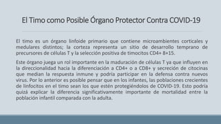 El Timo como Posible Órgano Protector Contra COVID-19
El timo es un órgano linfoide primario que contiene microambientes corticales y
medulares distintos; la corteza representa un sitio de desarrollo temprano de
precursores de células T y la selección positiva de timocitos CD4+ 8+15.
Este órgano juega un rol importante en la maduración de células T ya que influyen en
la direccionalidad hacia la diferenciación a CD4+ o a CD8+ y secreción de citocinas
que median la respuesta inmune y podría participar en la defensa contra nuevos
virus. Por lo anterior es posible pensar que en los infantes, las poblaciones crecientes
de linfocitos en el timo sean los que estén protegiéndolos de COVID-19. Esto podría
quizá explicar la diferencia significativamente importante de mortalidad entre la
población infantil comparada con la adulta.
 