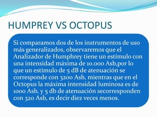 HUMPREY VS OCTOPUS
Si comparamos dos de los instrumentos de uso
más generalizados, observaremos que el
Analizador de Humphrey tiene un estímulo con
una intensidad máxima de 10.000 Asb,por lo
que un estímulo de 5 dB de atenuación se
corresponde con 3200 Asb, mientras que en el
Octopus la máxima intensidad luminosa es de
1000 Asb, y 5 db de atenuación secorresponden
con 320 Asb, es decir diez veces menos.

 