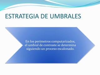 ESTRATEGIA DE UMBRALES

En los perímetros computarizados,
el umbral de contraste se determina
siguiendo un proceso escalonado.

 
