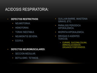 • DEFECTOS RESTRICTIVOS:
• NEUMOTORAX.
• HEMOTORAX.
• TORAX INESTABLE.
• NEUMONITIS SEVERA.
• S.D.R.A.
• DEFECTOS NEUROMUSCULARES:
• SECCION MEDULAR.
• BOTULISMO, TETANOS.
• GUILLAIN BARRE, MIASTENIA
GRAVIS, ETC.
• PARALISIS PERIODICA
HIPOKALEMICA.
• MIOPATIA HIPOKALEMICA.
• DROGAS O AGENTES
TOXICOS.
• CURARE, SUCCINILCOLINA,
AMINOGLUCOSIDOS,
ORGANOS FOSFORADOS.
ACIDOSIS RESPIRATORIA:
 