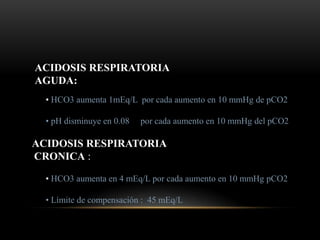 ACIDOSIS RESPIRATORIA
AGUDA:
• HCO3 aumenta 1mEq/L por cada aumento en 10 mmHg de pCO2
• pH disminuye en 0.08 por cada aumento en 10 mmHg del pCO2
ACIDOSIS RESPIRATORIA
CRONICA :
• HCO3 aumenta en 4 mEq/L por cada aumento en 10 mmHg pCO2
• Límite de compensación : 45 mEq/L
 