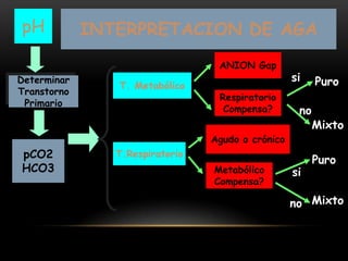 pCO2
HCO3
Determinar
Transtorno
Primario
pH
T. Metabólico
T.Respiratorio
ANION Gap
Respiratorio
Compensa?
Agudo o crónico
Metabólico
Compensa?
Puro
Puro
Mixto
Mixto
si
si
no
no
INTERPRETACION DE AGA
 