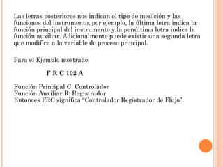 Las letras posteriores nos indican el tipo de medición y las
funciones del instrumento, por ejemplo, la última letra indica la
función principal del instrumento y la penúltima letra indica la
función auxiliar. Adicionalmente puede existir una segunda letra
que modifica a la variable de proceso principal.  
Para el Ejemplo mostrado:
F R C 102 A 
Función Principal C: Controlador
Función Auxiliar R: Registrador
Entonces FRC significa “Controlador Registrador de Flujo”.
 