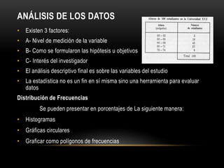 ANÁLISIS DE LOS DATOS
• Existen 3 factores:
• A- Nivel de medición de la variable
• B- Como se formularon las hipótesis u objetivos
• C- Interés del investigador
• El análisis descriptivo final es sobre las variables del estudio
• La estadística no es un fin en sí misma sino una herramienta para evaluar
datos
Distribución de Frecuencias
Se pueden presentar en porcentajes de La siguiente manera:
• Histogramas
• Gráficas circulares
• Graficar como polígonos de frecuencias
 